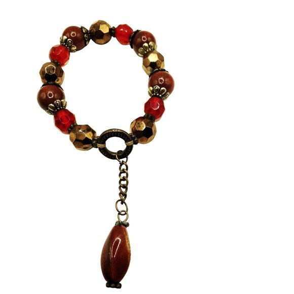 Vintage Style Beaded Bracelet Red gold Beads Antique Gold Accents - Picture 4 of 4